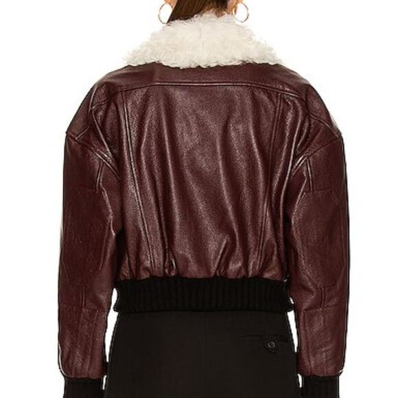 KHAITE Larissa Shearling-Collar Leather Bomber Jacket Bordeaux Wine - Picture 3 of 12